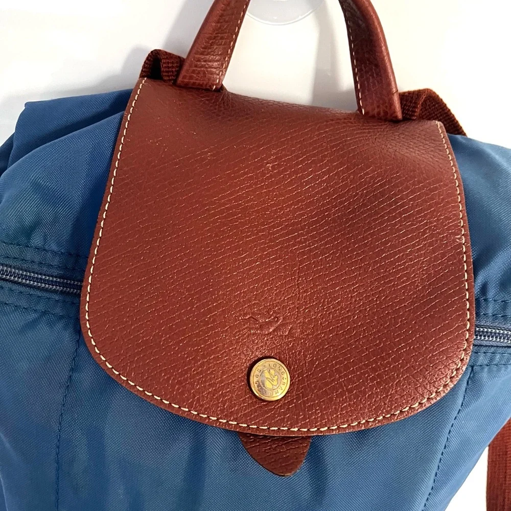 Longchamp Blue Brown Nylon Leather Mini Backpack - AS IS